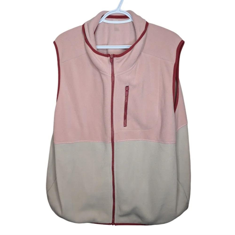 Hyba Plus  Size Fleece Pink, Cream & Reddish Orange Zip Up Vest Women 3XL